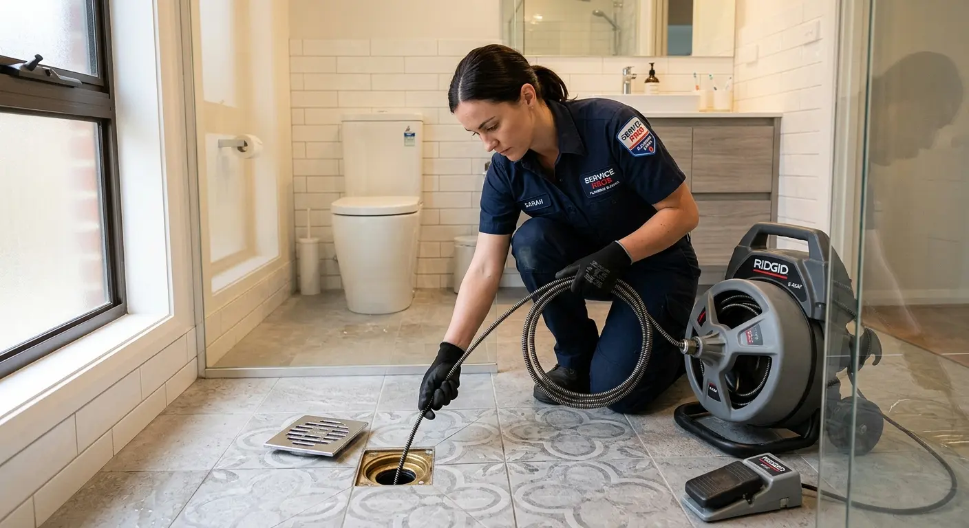 Technician clearing a bathroom floor drain for Drain Cleaning in Fort Thomas